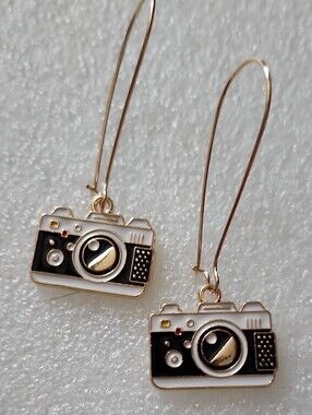 Hand Crafted Gold and Black Camera Charm Drop Earrings